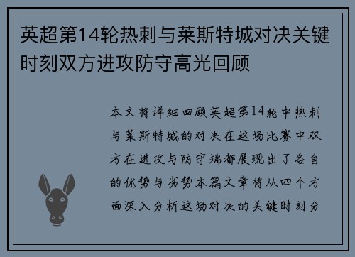 英超第14轮热刺与莱斯特城对决关键时刻双方进攻防守高光回顾
